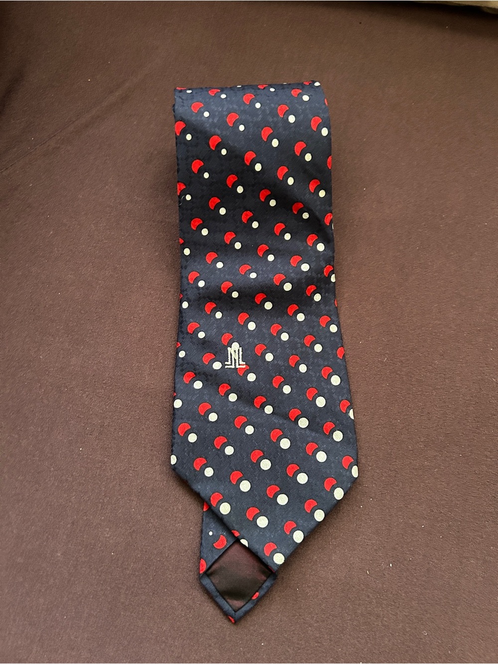 Lanvin Navy Silk Tie with Red and Cream Crescent Motif